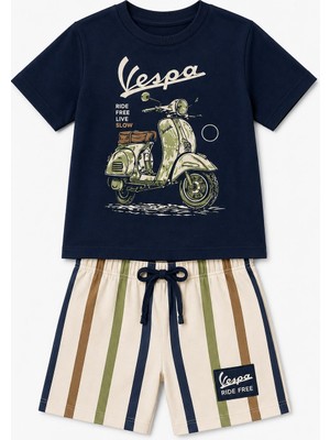 Yiğit Butik Erkek Çocuk Scooter Baskılı Çizgili Şortlu Takım Yazlık Ikili Takım