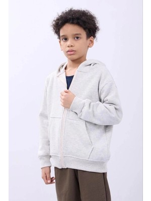 Zenvia Erkek Çocuk Kapüşonlu Kanguru Cepli Tam Fermuarlı Hırka Sweatshirt - Gri