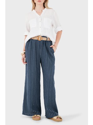 Viadante Via Dante Çizgili Relaxed Fit Yüksek Bel Bol Paça Keten Pantolon Bayan Pantolon 5056RN