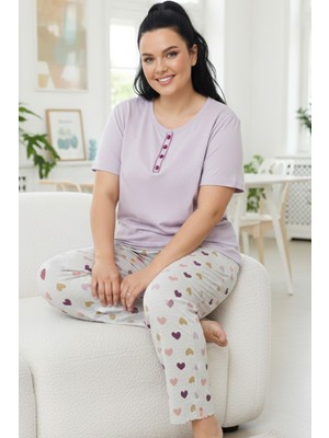 Siyah İnci Desenli Pamuklu Büyük Beden Battal Boy Örme Pijama Takım