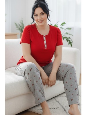 Siyah İnci Desenli Pamuklu Büyük Beden Battal Boy Örme Kapri Pijama Takım