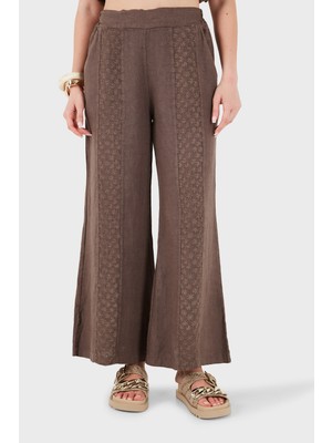 Via Dante % 100 Keten Relaxed Fit Brode Işlemeli Pantolon Bayan Pantolon 69912211