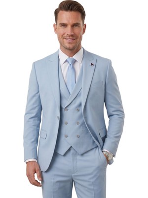 Rizzup Erkek Mavi Premium Collection Slim Fit Likralı 3’lü Takım Elbise – Kruvaze Yelekli Italyan Kesim 2600342