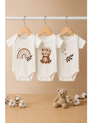 3'lü Bebeqon %100 Pamuk Organik Baskılı Bebek Zıbın Seti Kısa Kollu Unisex Body Takımı