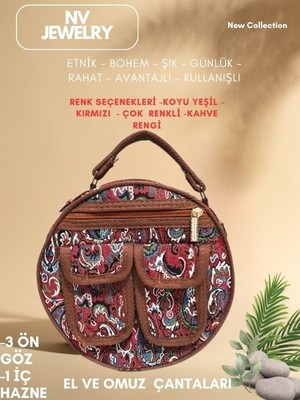 NV JEWELRY Yuvarlak Bohem Desenli Kırmızı Çanta