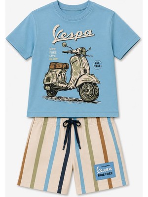 Yiğit Butik Erkek Çocuk Scooter Baskılı Çizgili Şortlu Takım Yazlık Ikili Takım