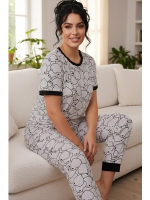 Siyah İnci Desenli Pamuklu Büyük Beden Battal Boy Örme Pijama Takım