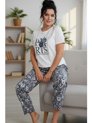 Siyah İnci Desenli Pamuklu Büyük Beden Battal Boy Örme Pijama Takım