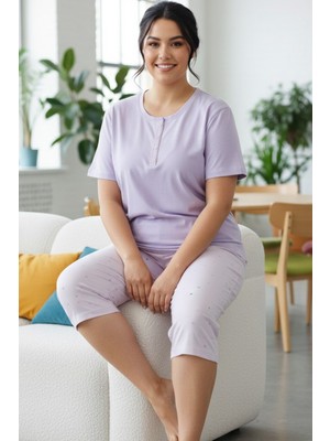 Siyah İnci Desenli Pamuklu Büyük Beden Battal Boy Örme Kapri Pijama Takım