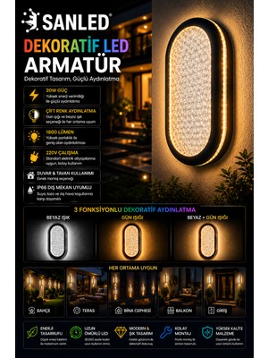 ŞANLED Dekoratif 20W Iç Dış Mekan Siyah 3 Renkli Işık Duvar Aplik Elektrikli