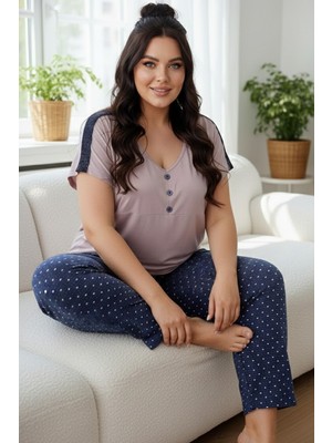 Siyah İnci Desenli Pamuklu Büyük Beden Battal Boy Örme Pijama Takım