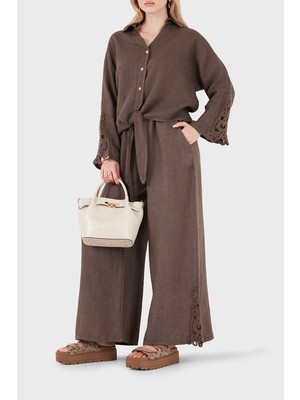 Viadante Via Dante Relaxed Fit Güpür Detaylı Bol Paça Keten Pantolon Bayan Pantolon 699E10941