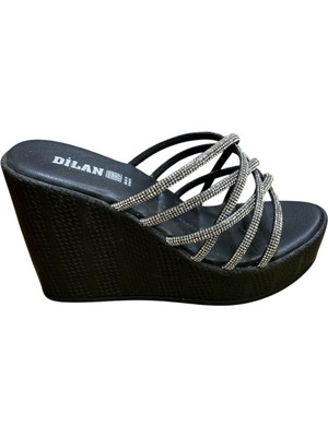 Dilan Kadın Dolgu Platform Topuklu Çapraz Taşlı Terlik