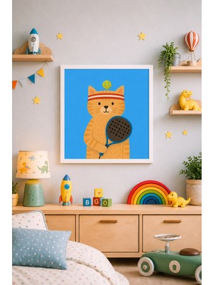 JHAAR Tenisçi Kedi Çocuk Odası Çerçeve Görünümlü Mdf Tablo - 25X25 cm