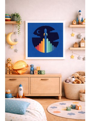 JHAAR Renkli Roket ve Uzay Temalı Çocuk Odası Çerçeve Görünümlü Mdf Tablo - 25X25 cm