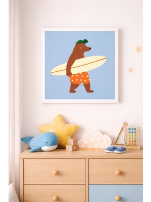 JHAAR Sorfçü Ayı Çocuk Odası Çerçeve Görünümlü Mdf Tablo - 25X25 cm