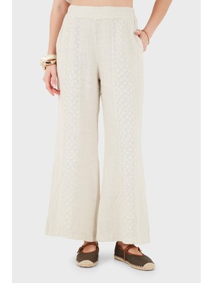 Via Dante % 100 Keten Relaxed Fit Brode Işlemeli Pantolon Bayan Pantolon 69912211