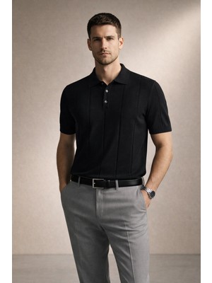 Polo State Erkek Triko Polo Yaka Kısa Kollu Dikey Desenli Slim Fit Tişört Siyah