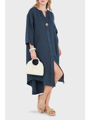 Viadante Via Dante Çizgili Relaxed Fit Düğme Detaylı V Yaka Elbise Bayan Elbise 25547L