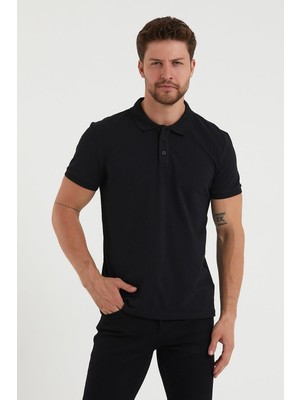 Polo State Erkek Regular Fit Polo Yaka Nakışlı T-shirt  Siyah