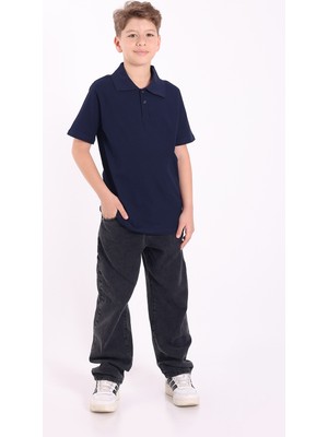 Re&Gi Rekor Unisex Çocuk Polo Yaka Okul Tişört Basic Kısa Kollu Okul T-Shirt %100 Pamuk 5-16 Yaş Lacivert