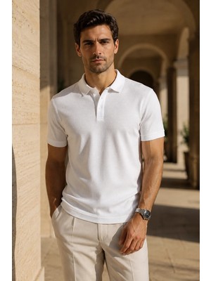 Polo State Erkek Regular Fit Waffle Dokulu Polo Yaka Kısa Kollu Beyaz Tişört