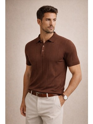 Polo State Erkek Triko Polo Yaka Kısa Kollu Dikey Desenli Slim Fit Tişört Kahverengi