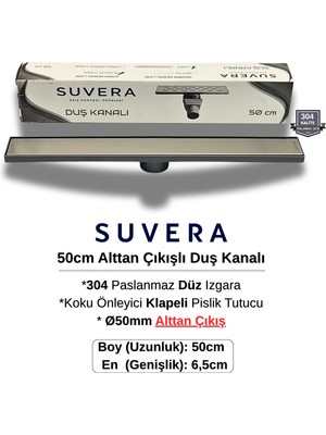 Suvera 50CM 304 Paslanmaz Izgaralı (Alttan Çıkışlı) Koku Önleyici Klapeli Duş Kanalı – Ø50MM Alt Çıkış - (Düz Izgara)