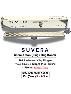 Suvera 60CM 304 Paslanmaz Izgaralı (Alttan Çıkışlı) Koku Önleyici Klapeli Duş Kanalı - Ø50 mm Alt Çıkış (Çizgili Izgara)