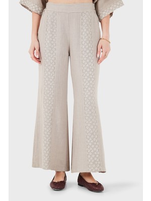 Via Dante % 100 Keten Relaxed Fit Brode Işlemeli Pantolon Bayan Pantolon 69912211