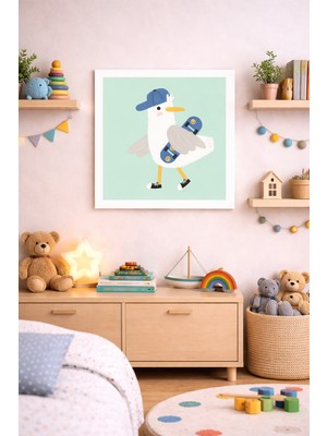 JHAAR Kaykay Yapan Sevimli Martı Çocuk Odası Çerçeve Görünümlü Mdf Tablo - 25X25 cm
