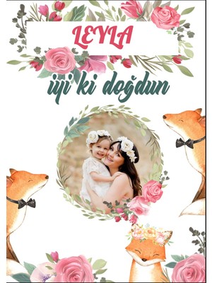 Reysa Tasarım Çiçekler ve Tilki Temalı Doğum Günü Afişi - 50X70 cm