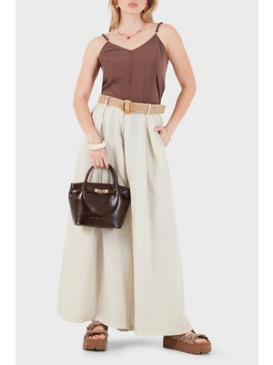 Viadante Via Dante Relaxed Fit Yüksek Bel Bol Paça Keten Pantolon Bayan Pantolon 7544