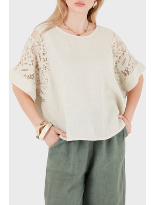Viadante Via Dante Relaxed Fit Dantel Detaylı Keten Bluz Bayan Bluz 7222P