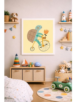 JHAAR Bisiklet Süren Kaplumbağa Çocuk Odası Çerçeve Görünümlü Mdf Tablo - 25X25 cm