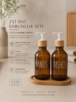 Okyanus Home Bambu Stantlı Amber 2'li  Cam Sıvı Sabunluk Seti 500ML