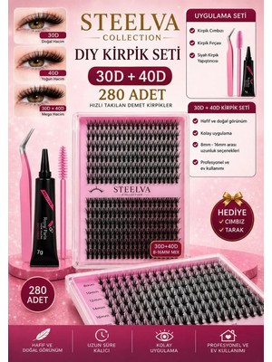 Steelva Takma Kirpik Seti 280'LI Yapistirici Sabitleyici Çikarici Remover + Cımbız+ Tarama Firçasi 30D-40D