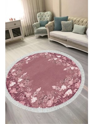 Alanur Home Dijital Baskılı Yuvarlak Salon Halısı | Kaymaz Yıkanabilir | Keçe Taban Saçaklı | Çiçekli | P1388