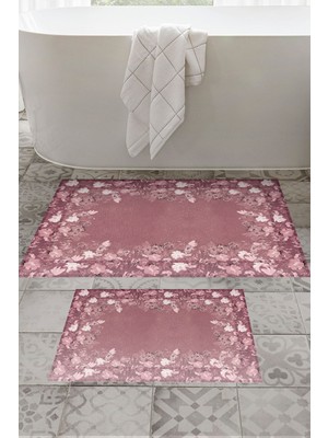 Alanur Home Kaymaz Yıkanabilir Dijital Baskılı 2'li Klozet Takımı | Dikdörtgen | Deri Taban | Çiçekli | P1388