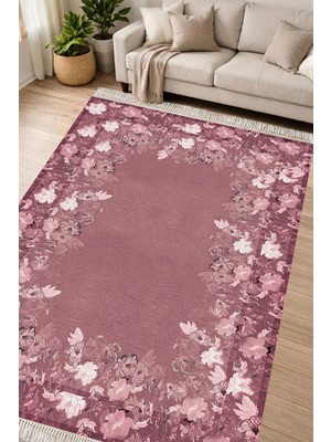 Alanur Home Dijital Baskılı Dikdörtgen Salon Halısı | Kaymaz Yıkanabilir | Deri Taban Saçaklı | Çiçekli | P1388