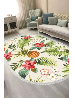 Alanur Home Dijital Baskılı Oval Salon Halısı | Kaymaz Yıkanabilir | Keçe Taban Saçaklı | Çiçekli | S5025
