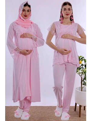 bylohusa Tesettürlü Ayarlanabilir Bel Lastikli Sabahlıklı Hamile Lohusa Pijama Takımı Effortt - Pembe