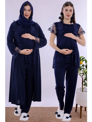 bylohusa Tesettürlü Ayarlanabilir Bel Lastikli Sabahlıklı Hamile Lohusa Pijama Takımı Effortt - Lacivert
