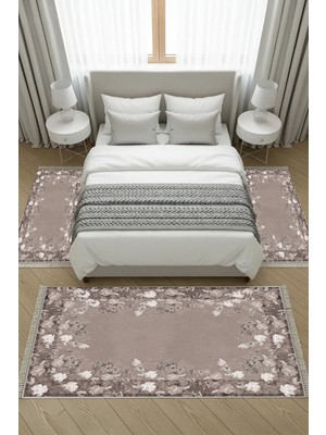 Alanur Home Kaymaz Yıkanabilir Dijital Baskılı 3'lü Klozet Takımı | Dikdörtgen | Keçe Taban Saçaklı | Çiçekli | P1388