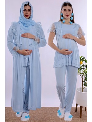 bylohusa Tesettürlü Ayarlanabilir Bel Lastikli Sabahlıklı Hamile Lohusa Pijama Takımı Effortt - Mavi