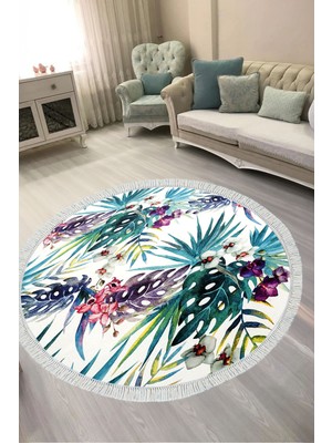 Alanur Home Dijital Baskılı Yuvarlak Salon Halısı | Kaymaz Yıkanabilir | Keçe Taban Saçaklı | Çiçekli | S5048