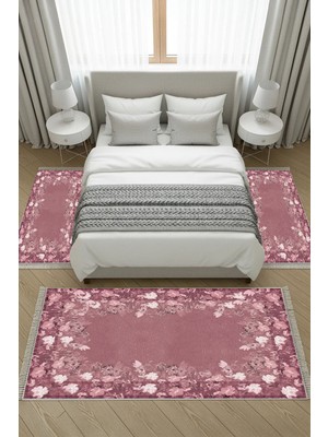 Alanur Home Kaymaz Yıkanabilir Dijital Baskılı 3'lü Klozet Takımı | Dikdörtgen | Deri Taban Saçaklı | Çiçekli | P1388