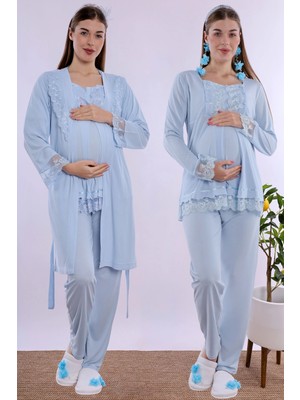 bylohusa Rahat Kesim Emzirme Özellikli Sabahlıklı Hamile Lohusa Pijama Takımı Effortt - Mavi
