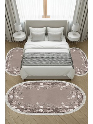 Alanur Home Kaymaz Yıkanabilir Dijital Baskılı 3'lü Klozet Takımı | Oval | Keçe Taban Saçaklı | Çiçekli | P1388