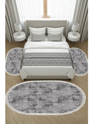 Alanur Home Kaymaz Yıkanabilir Dijital Baskılı 3'lü Klozet Takımı | Oval | Deri Taban Saçaklı | Vintage | 2092M